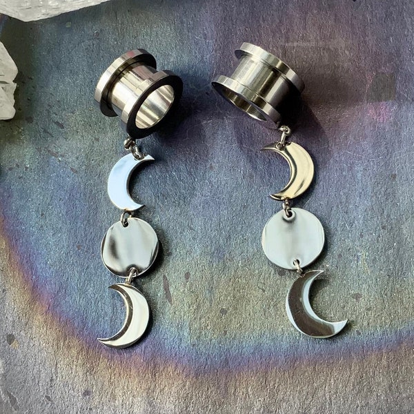 Goddess Moon Phases Dangle Earrings Silver Steel Ear Plugs Gauges Tunnels Crescent Moons Full Moon 2g 0g 00g 1/2" 9/16" 5/8" ALIEN BABE