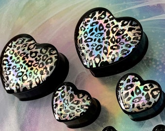 Holo Leopard Love Heart Shaped Ear Plugs Gauges Tunnels Earrings Holographic Hearts 0g 00g 1/2" 9/16" 5/8" 11/16" 3/4" 7/8" 1" 28mm 30mm