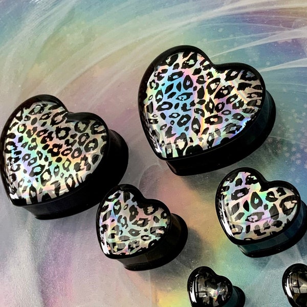 Holo Leopard Love Heart Shaped Ear Plugs Gauges Tunnels Earrings Holographic Hearts 0g 00g 1/2" 9/16" 5/8" 11/16" 3/4" 7/8" 1" 28mm 30mm
