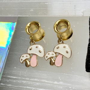 Pink Magic Mushroom Dangles Gold Steel Ear Plugs Gauges Tunnels Mushrooms Dangle Earrings, Size 2g 0g 00g 1/2" 9/16" 5/8" by PINK ALIEN BABE