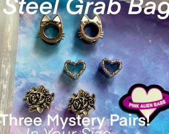 Steel Grab Bag! Limited Edition Gold or Silver Three Pairs Gauges Ear Plugs Tunnels In Your Size Mystery Box Gift 30mm 28mm 5/8" 9/16" 1/2"