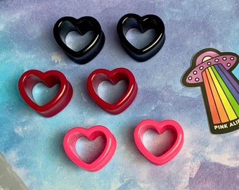 3 Pairs! “Universal Love Tonight is Romantic” Hearts Set Ear Plugs Gauges Pink Black Heart Shaped Tunnels Three 4g 2g 0g 00g 1/2” 9/16” 5/8”