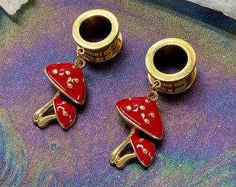 Guardian Mushroom Dangles Gold Steel Ear Plugs Gauges Tunnels Red Cottagecore Dangle Earrings Size 2g 0g 00g 1/2" 9/16" 5/8" PINK ALIEN BABE