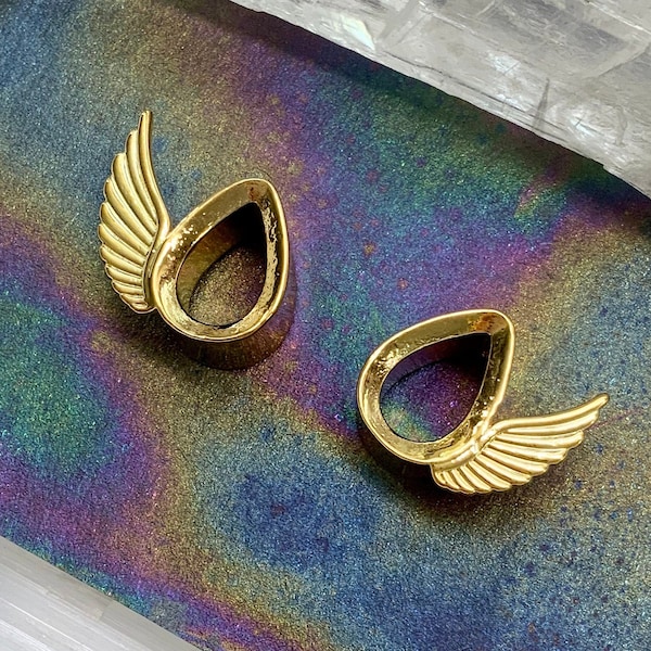 Hermes Gold Winged Teardrop Brass Ear Plugs Gauges Tunnels Pair Wing Tear Drop Earrings Sizes: 2g 0g 00g 1/2" 9/16" 5/8" by PINK ALIEN BABE