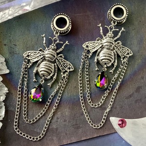 Aura Bees Dangle Gauges Silver Steel Ear Plugs Dangles Tunnels Oversized Bumble Bee Earring 2g 0g 00g 1/2&quot; 9/16&quot; 5/8&quot; PINK ALIEN BABE