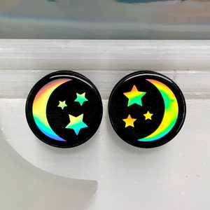 Holo Star and Moon Acrylic Ear Plugs Gauges Earrings Creepy Cute Moons Holographic 2g 0g 00g 1/2" 9/16" 5/8" 11/16" 3/4" 7/8" 1" 28mm 30mm