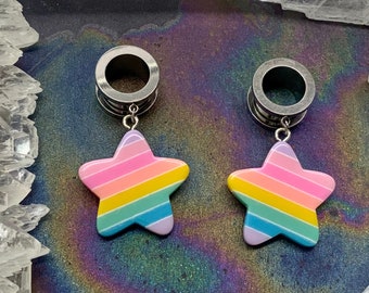 Pride Star Dangles Silver Steel Ear Plugs Gauges Tunnels Rainbow Striped Star Pastel Dangle Earrings 2g 0g 00g 1/2" 9/16" 5/8" PINK ALIEN