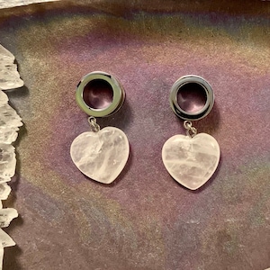 Clear Quartz Adoring Dangle Plugs Heart Shaped Stone Silver Steel Ear Gauges Tunnels White Crystal 2g 0g 00g 1/2&quot; 9/16&quot; 5/8&quot; ALIEN BABE