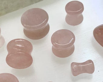 Rose Quartz Stone Ear Plugs Gauges Tunnels Saddle Pair 2g 0g 00g 1/2" 9/16" 5/8" Real Stone Pink Witch Romance Love Jewelry Pink Alien Babe