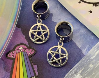 Ace of Pentacles Dangle Gauges Silver Star Surgical Steel Tunnels Magical Witchy Celestial Pentacle Jewelry 0g 00g 1/2" 9/16" 5/8" 7/8" 1"