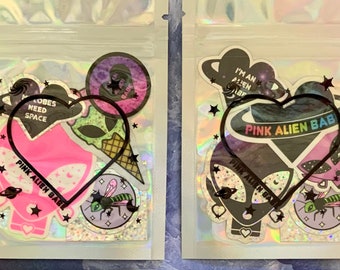 MYSTERY STICKERS PACK Pink Alien Babe Sticker Bomb Grab Bag! Mystery Box Gift Swag Gifts for Her Holographic Stickers for Hydroflask Laptop