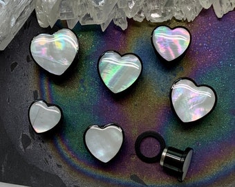 Hearts Yearning Black Steel Ear Plugs Gauges Tunnels Earrings 2g 0g 00g 1/2" 9/16" 5/8" Shell Iridescent Holographic Heart Shaped PINK ALIEN