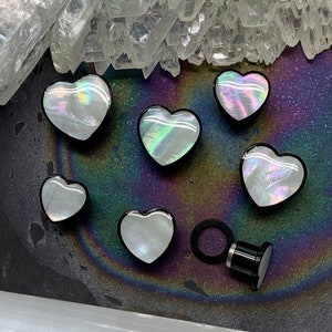 Hearts Yearning Black Steel Ear Plugs Gauges Tunnels Earrings 2g 0g 00g 1/2" 9/16" 5/8" Shell Iridescent Holographic Heart Shaped PINK ALIEN