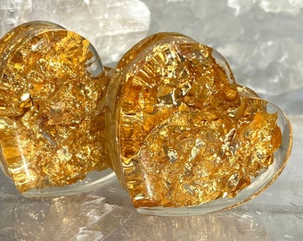 Gilded Love Heart Gold Leaf Acrylic Shaped Ear Plug Gauges Tunnels Metallic Hearts 0g 00g 1/2" 9/16" 5/8" 11/16" 3/4" 7/8" 1" 28mm 30mm