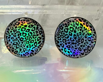 Party Safari Steel Ear Plugs Gauges Tunnels Holographic Leopard Print Earrings 8g 6g 4g 2g 0g 00g 1/2" 9/16" 5/8" 11/16" 7/8" 1" 28mm 30mm