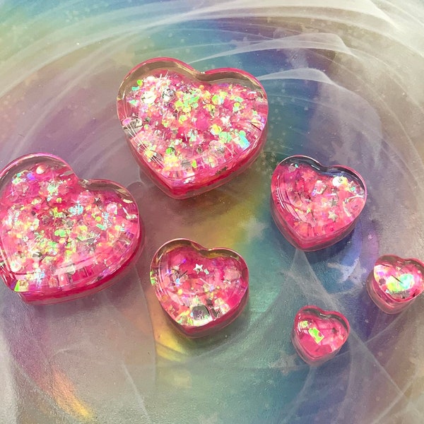 Up to 2" Beauty Love Heart Pastel Pink Glitter Ear Plugs Gauges Hearts 2g 0g 00g 1/2" 9/16" 5/8" 7/8" 1" 28mm 30mm 32mm 36mm 40mm 45mm 50mm