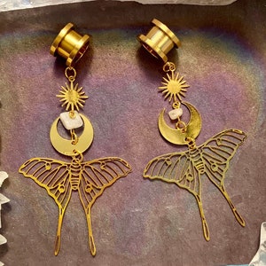 Lunar Luna Moth Dangles Gold Steel Ear Plugs Gauges Tunnels Whimsigoth Star and Moon Dangle Earring 2g 0g 00g 1/2" 9/16" 5/8" ALIEN BABE