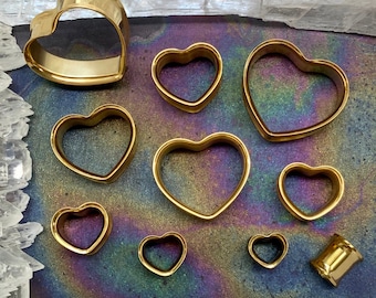 Up To 2” Golden Age Hearts Gold Steel Flared Love Ear Plugs Gauges Tunnels Pair Earrings 0g 00g 1/2" 5/8" 7/8" 1" 28mm 30mm 36mm 40mm 45mm