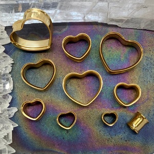 Up To 2” Golden Age Hearts Gold Steel Flared Love Ear Plugs Gauges Tunnels Pair Earrings 0g 00g 1/2" 5/8" 7/8" 1" 28mm 30mm 36mm 40mm 45mm