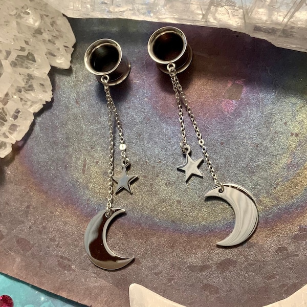 Flying Through Space Dangles Silver Steel Ear Plugs Gauges Tunnels Whimsigoth Star and Moon Dangle Earring 2g 0g 00g 1/2" 9/16" 5/8" ALIEN