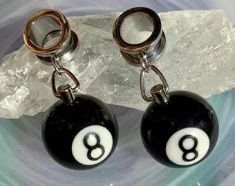 Lucky Eight Ball Dangle Gauges Silver Steel Ear Plugs Tunnels Magic 8 Balls Pool Shark Gift Earrings 2g 0g 00g 1/2" 9/16" 5/8" ALIEN BABE