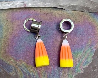 Candy Corns Dangle Ear Plugs Tunnels Silver Steel Halloween Gauges Corn Candies Orange Yellow Trick or Treat 2g 0g 00g 1/2" 9/16" 5/8" 1"