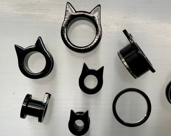 Salem Black Cat Ears Steel Ear Plugs Gauges Tunnels Binx Kitty Halloween Spooky Creepy Cute 2g 0g 00g 1/2" 9/16" 5/8" 7/8” 1” ALIEN BABE