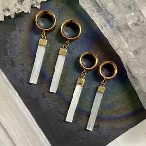 Celestial Selenite Dangles Gold Steel Ear Plugs Gauges Tunnels Wedding Dangle Earrings 2g 0g 00g 1/2" 9/16" 5/8" 11/16" 3/4" 7/8" 1" ALIEN