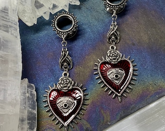 Vampire Heart Dangles Silver Ear Plugs Gauges Tunnels Bat Rose All Seeing Eye Hearts Dangle Earrings 2g 0g 00g 1/2" 9/16" 5/8" 3/4" 7/8" 1"