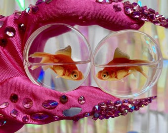 Up To 2" Fake Goldfish Real Liquid Ear Plugs Pair Orange Fish Tank Pisces Water Gauges Tunnels Earring