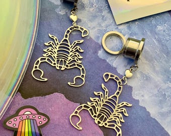 Scorpion Lover Dangle Gauges Scorpio Heart Silver Steel Stretched Ear Plugs Zodiac Arachnid Tunnels Dangles 2g 0g 00g 1/2" 9/16" 5/8" 1"
