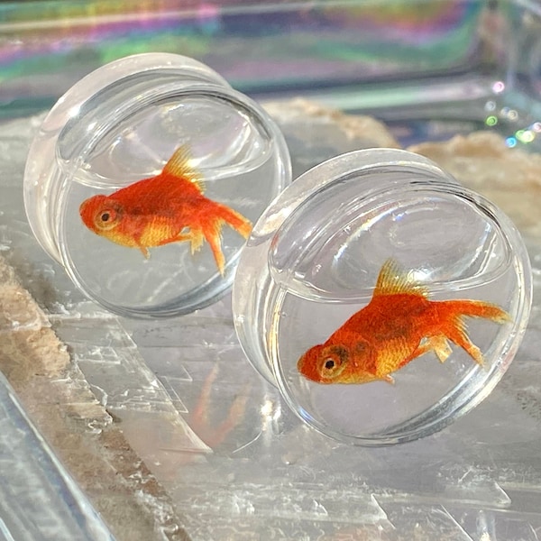 Goldfish Liquid Ear Plugs Up To 2”! Gauges Tunnels Earring Orange Fish Tank Pisces Water 0g 00g 1/2" 9/16" 5/8" 11/16" 7/8" 1" 38mm 42mm