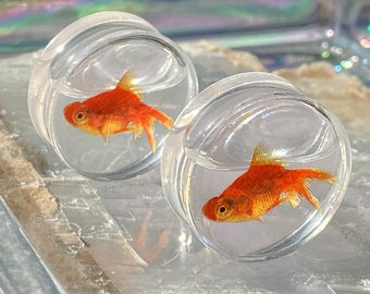 Goldfisch Flüssigkeit Ohr Plugs bis zu 5 cm! Gauges Tunnel Ohrring Orange Aquarium Fische Wasser 0g 00g 1/2 "9/16" 5/8" 11/16" 7/8" 1" 38mm 42mm