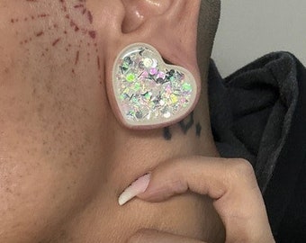 Elsa Love Heart Shaped Gauges White Iridescent Glitter Ear Plugs Tunnels Earrings Hearts 2g 0g 00g 1/2" 9/16" 5/8" 3/4" 7/8" 1" 28mm 30mm