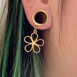 Inner Flower Dangle Earrings Flowers Gold Golden Steel Stretched Ear Plugs Gauges Tunnels Floral 2g 0g 00g 1/2&quot; 9/16&quot; 5/8&quot; ALIEN BABE