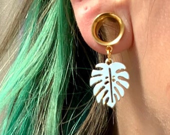 Golden Monstera Leaf Steel Ear Plugs Gauges Tunnels Plant Lover Gift Tropical Leaves Dangle Earrings 2g 0g 00g 1/2" 9/16" 5/8" ALIEN BABE