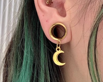 Baby Golden Moons Dangle Earrings Gold Steel Crescent Moon Ear Plugs Witch Gauges Tunnels Dangles 2g 0g 00g 1/2" 9/16" 5/8" ALIEN BABE