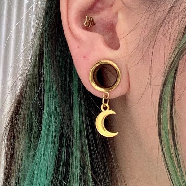 Baby Golden Moons Dangle Earrings Gold Steel Crescent Moon Ear Plugs Witch Gauges Tunnels Dangles 2g 0g 00g 1/2" 9/16" 5/8" ALIEN BABE