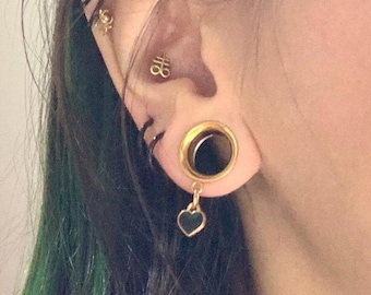 You're My Heart, Baby Dangle Gauges Gold Steel Ear Plugs Tunnels Tiny Small Little Black Hearts Earrings 2g 0g 00g 1/2" 9/16" 5/8" 7/8" 1"