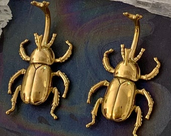 Rhinoceros Beetle Golden Ear Weights Gold Steel Insect Hangers Bug Ear Plugs Tunnels Gauges Dangles Stretcher Earrings 00g 10mm ALIEN BABE