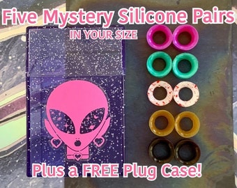 Silicone Plug Collector Set Grab Bag! Five Pairs Gauges and Case In Your Size Mystery Box Gift Ear Plugs 1” 7/8 3/4" 5/8" 1/2" 00g 0g 2g 4g