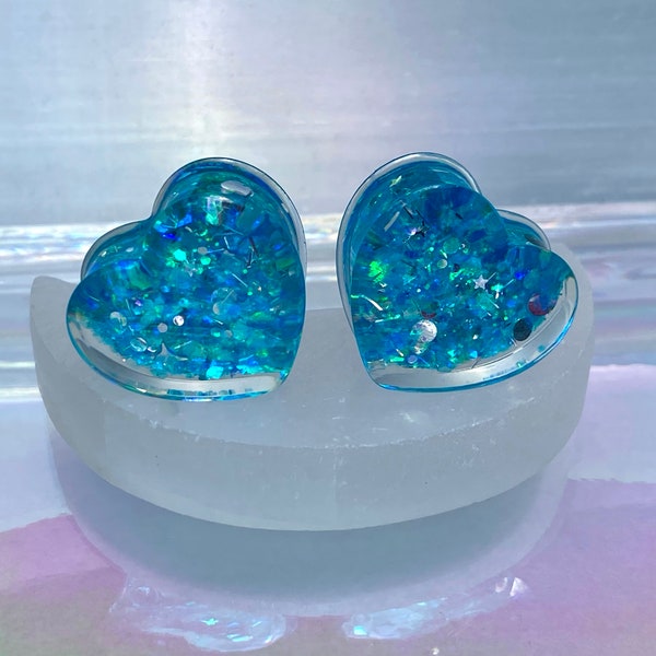 Cinderella Love Heart Blue Glitter Shaped Ear Plugs Gauges Tunnels Earring Hearts 2g 0g 00g 1/2" 9/16" 5/8" 11/16" 3/4" 7/8" 1" 28mm 30mm