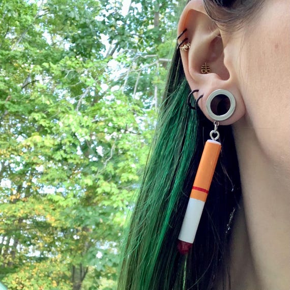 Burning Cigarette Dangle Gauges Silver Steel Ear Plugs Tunnels Quit Smoking  Half Burnt Novelty Cig Fake Cigs 2g 0g 00g 1/2