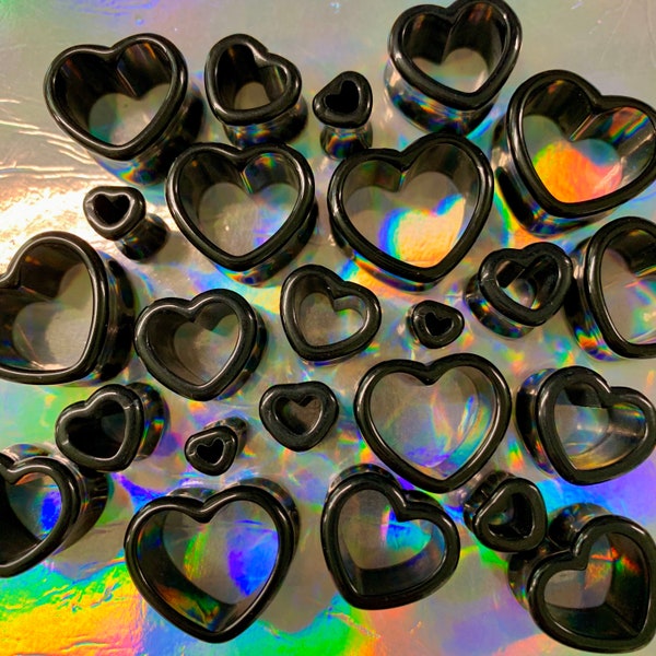 Tapones para los oídos con forma de corazón negro Night Love de hasta 2 pulgadas, dilatadores, túneles, corazones huecos, bonitos, 6 g, 4 g, 2 g, 0 g, 00 g, 1/2", 9/16", 5/8", 11/16", 3/4", 7/8", 1", 50 mm
