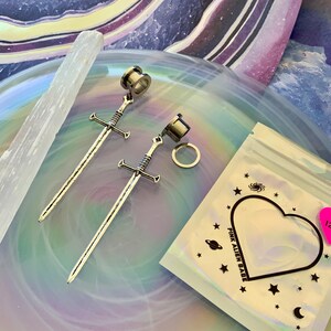 Longsword Dangle Gauges Silver Long Sword Steel Stretched Ear Plugs Big Swords Weapons Tunnels Oversized Dangles 0g 00g 1/2" 9/16" 5/8" 1" image 5