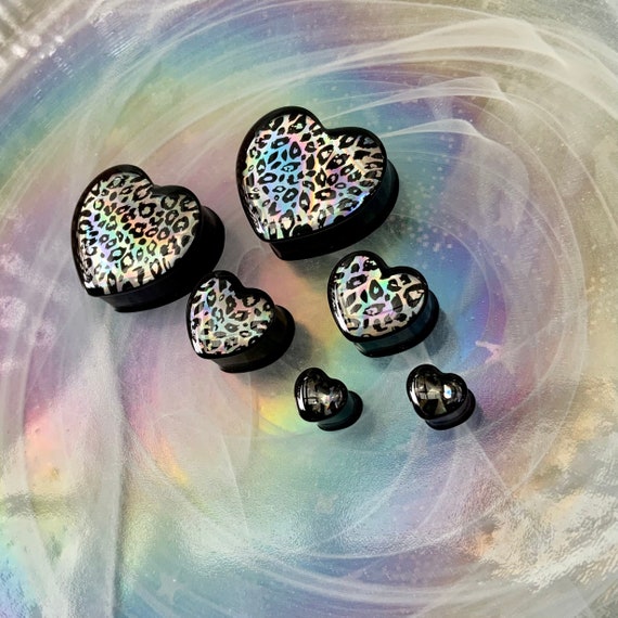 Holo Leopard Love Heart Shaped Ear Plugs Gauges Tunnels Earrings Holographic Hearts 0g 00g 1/2" 9/16" 5/8" 11/16" 3/4" 7/8" 1" 28mm 30mm
