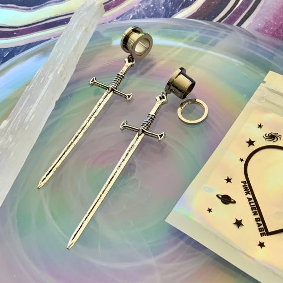 Longsword Dangle Gauges Silver Long Sword Steel Stretched Ear Plugs Big Swords Weapons Tunnels Oversized Dangles 0g 00g 1/2" 9/16" 5/8" 1"
