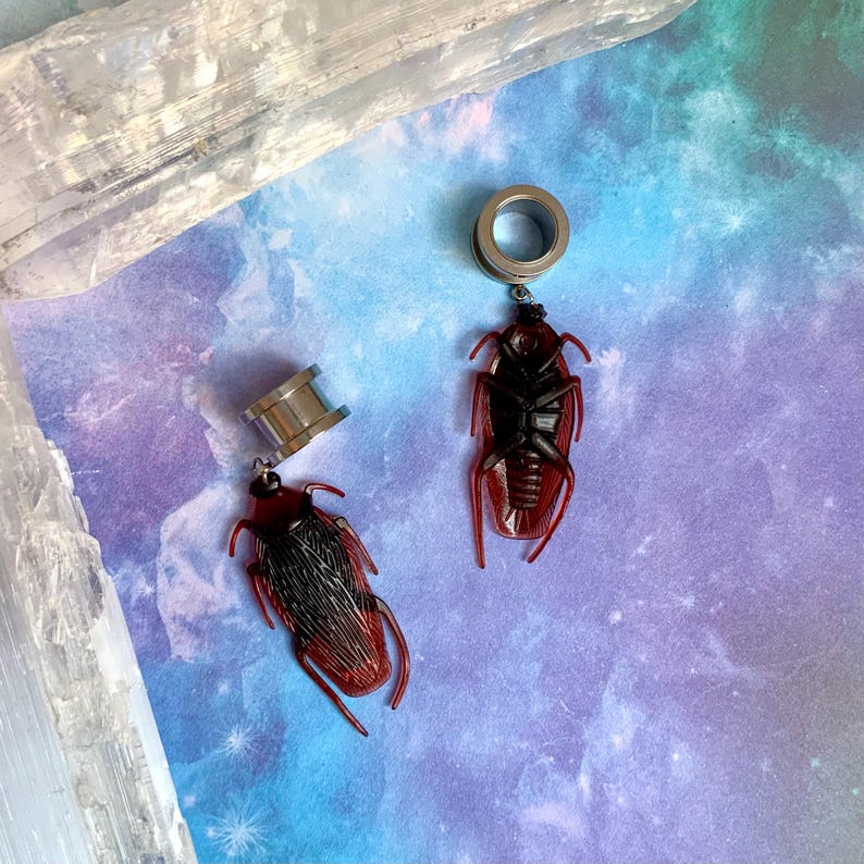 ARGH A ROACH Dangle Gauges Silver Steel Ear Plugs Tunnels Cockroach ...