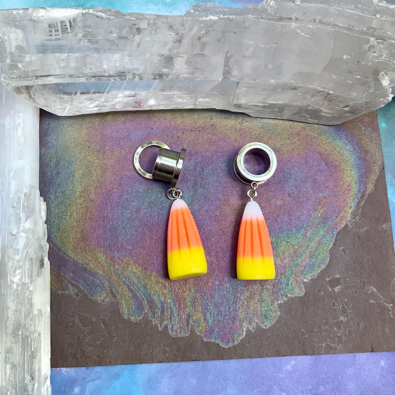 Candy Corns Dangle Ear Plugs Tunnels Silver Steel Halloween Gauges Corn ...