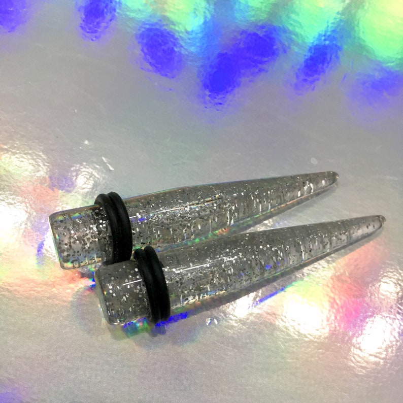Clear With Silver Glitter Acrylic Taper Ear Plugs Gauges PAIR Tapered Stretchers Size:14g,12g,10g,8g,6g,4g,2g,0g,00g by Pink Alien Babe